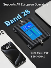 N70 Cell Phone Booster Boost 4G 3G 2G GSM LTE Signal for Band 28/20/8/3/1/7 | Compatible with All Europe Carriers High Gain Cellular Repeater with Visualization Screen